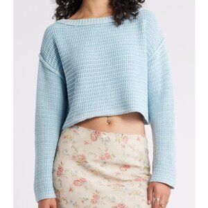 BP. Textured Crop Cotton Sweater in Blue (Medium)